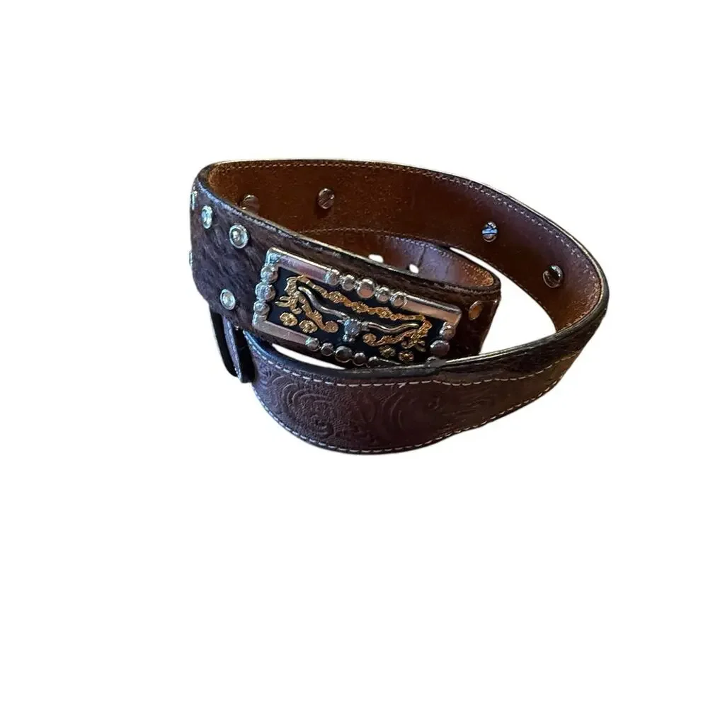 3D Youth Size 26 Western Tooled Leather & Calfhair Belt with Decorative Trim